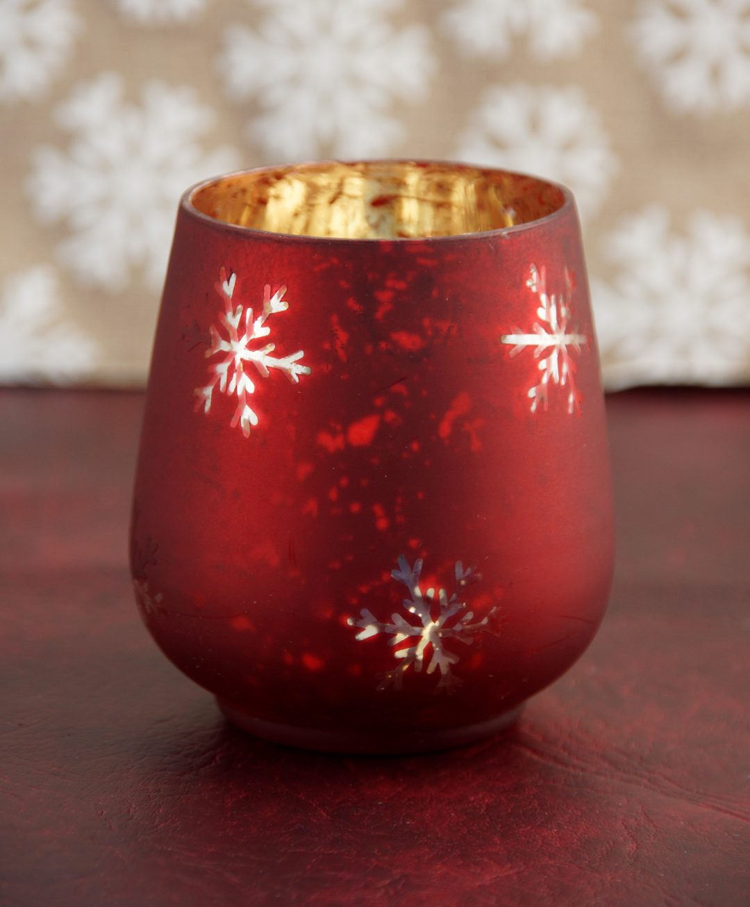 Red glass tea light holder with snowflakes Giftinc Red glass tea light