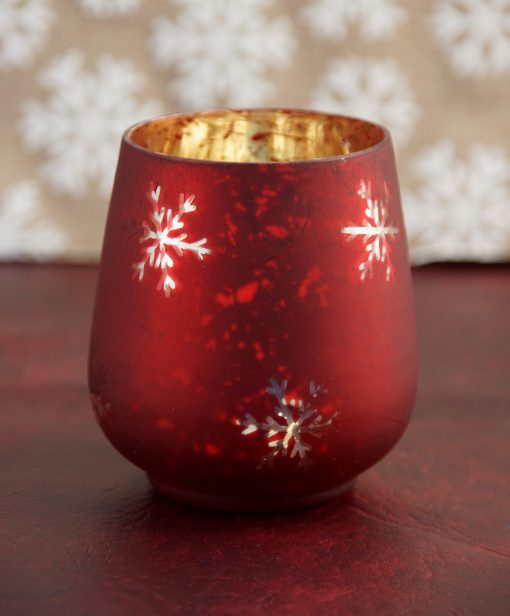 Red glass tea light holder with snowflakes