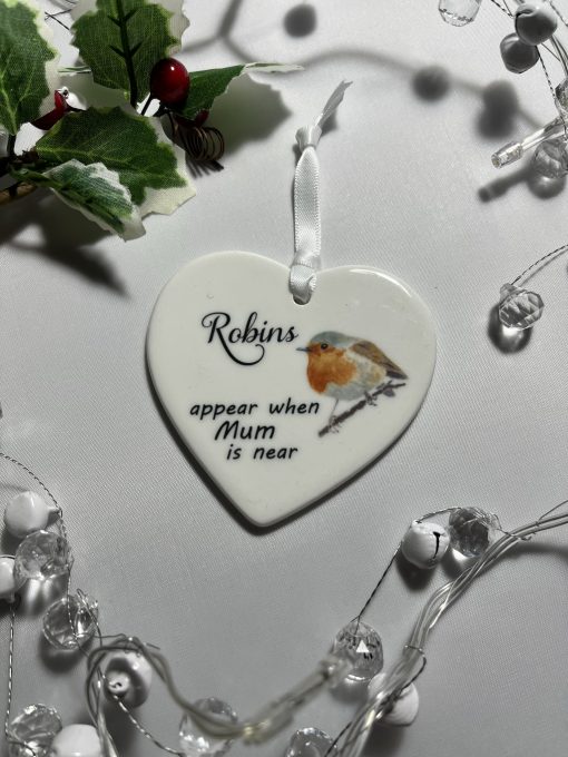 Robins appear when Mum Ceramic Heart Shaped Ornament - Image 2