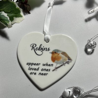 Robins appear when Loved ones Heart Shaped ceramic ornament