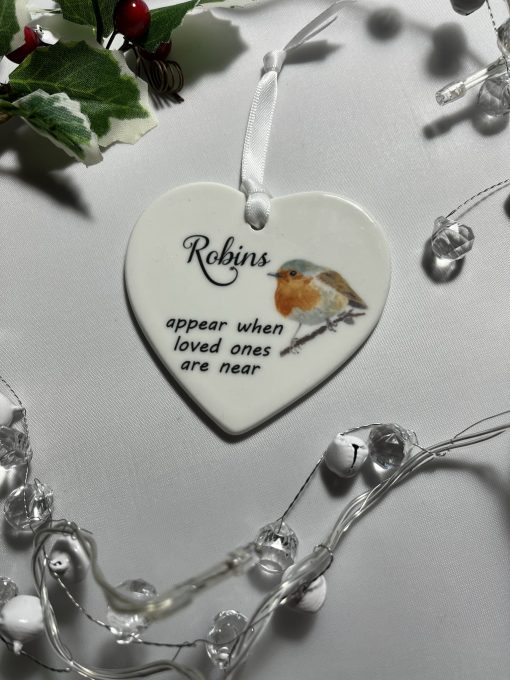 Robins appear when Loved ones Heart Shaped ceramic ornament - Image 3