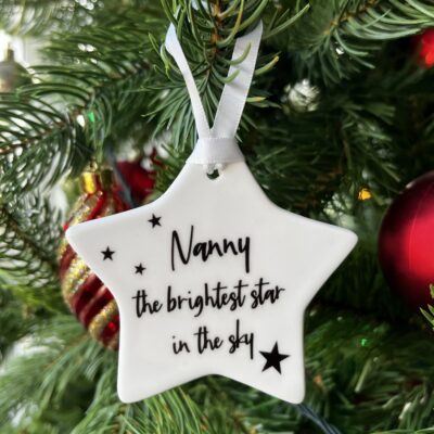 Nanny the brightest star. Ceramic star shaped hanging decoration.
