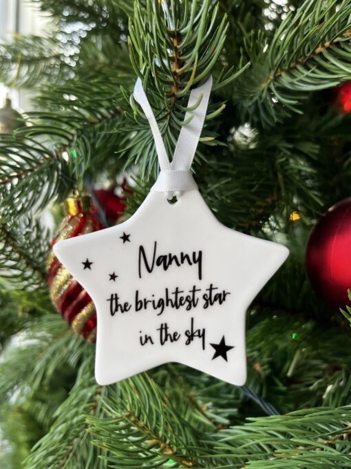 Nanny the brightest star. Ceramic star shaped hanging decoration.