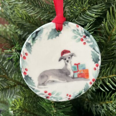 Ceramic hanging decoration has a lovely image of an Italian Greyhound printed on it.