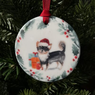Hanging decoration of a Tri coloured Chihuahua wearing a Christmas hat