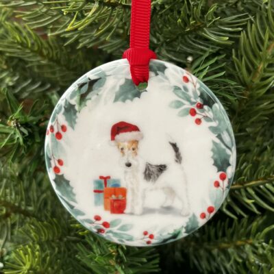 Ceramic hanging decoration with an image of a Wire Haired Fox Terrier printed on it