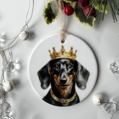 Charming ceramic Dachshund decoration featuring a Black and Tan Dachshund wearing a golden crown.