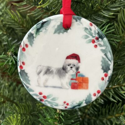 Hanging decoration of a Standing Shih Tzu wearing a Christmas hat