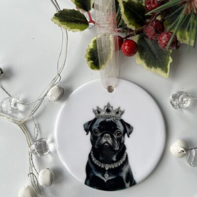 Lovely ceramic hanging decoration featuring a Black Pug wearing a silver crown